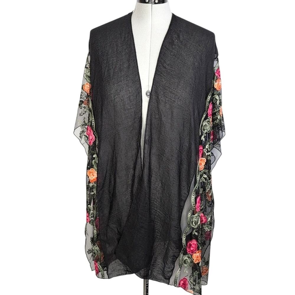 Sheer black kimono featuring floral lace trim, open front, estimate size large